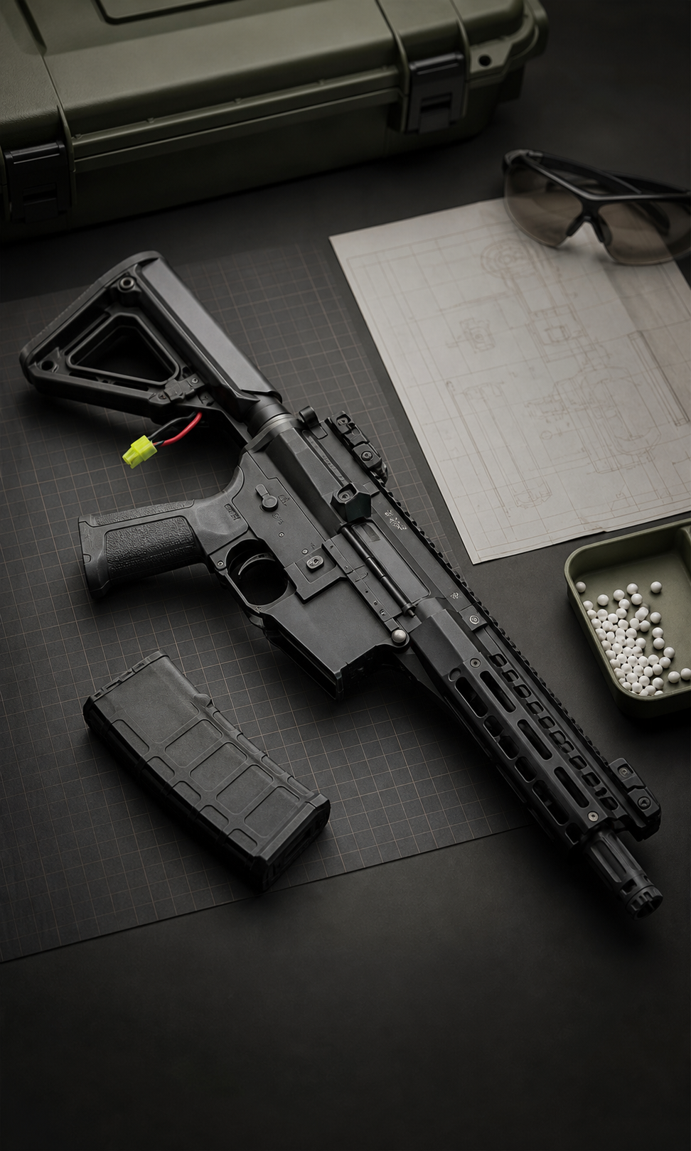 Réplica de airsoft, BBs y documentación sobre un banco técnico
